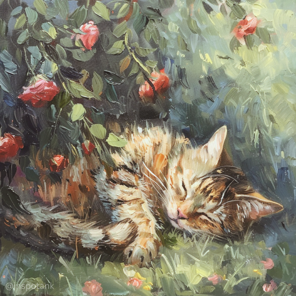 acrylic-cat-painting-idea-cat-under-rose-bush