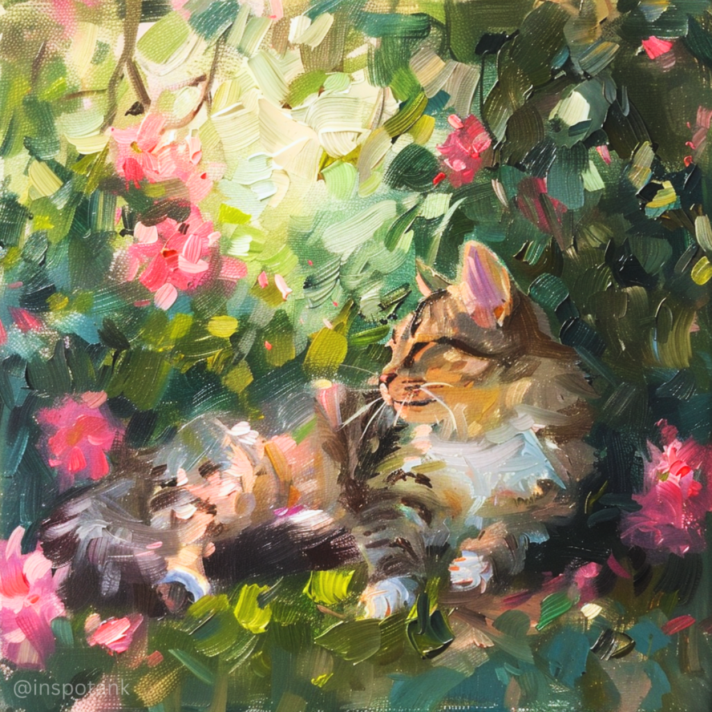 acrylic-cat-painting-idea-sleeping-rose-garden