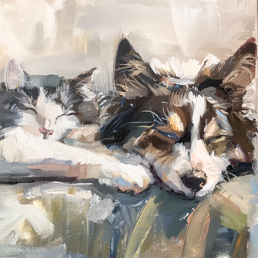 acrylic-cat-painting-sleeping-next-to-dog-art-idea