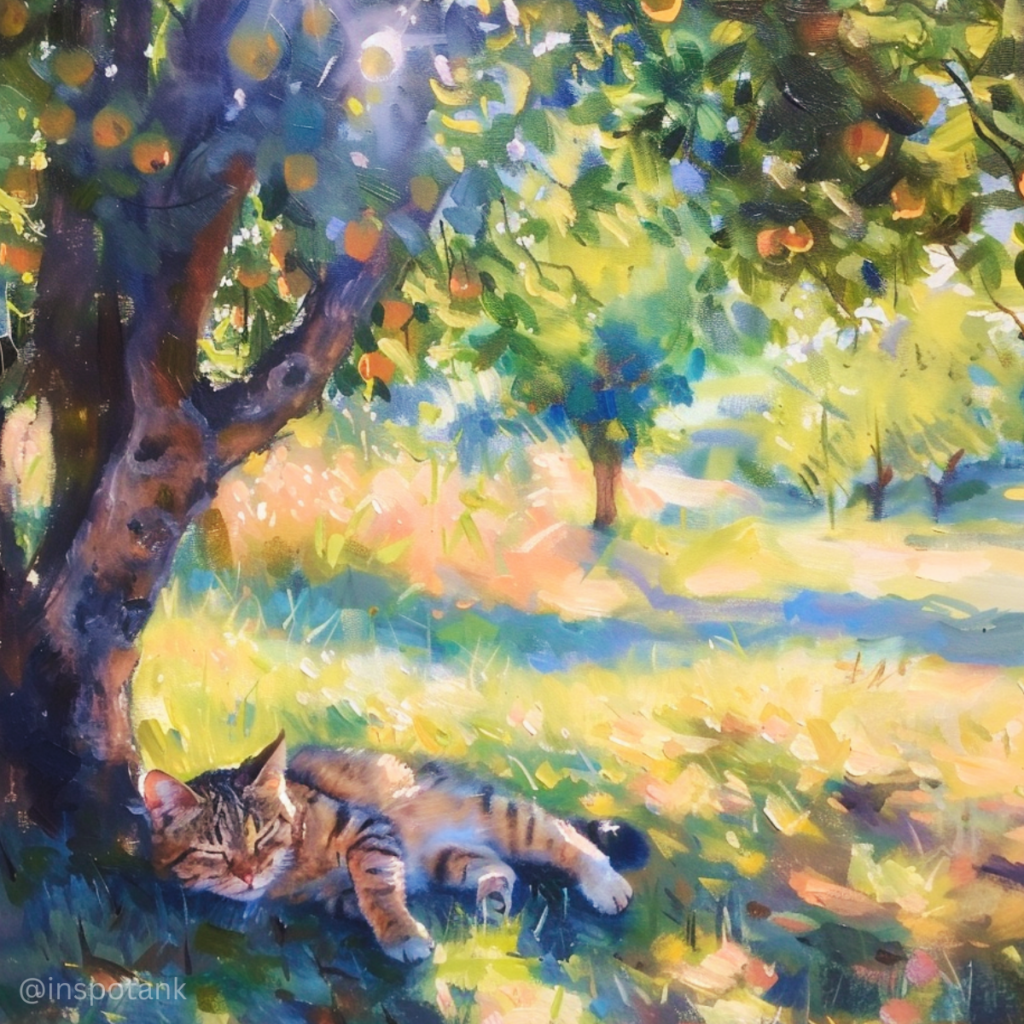 acrylic-cat-painting-sleeping-under-apple-tree