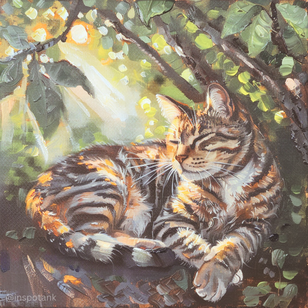 acrylic-cat-painting-sleeping-under-bushes